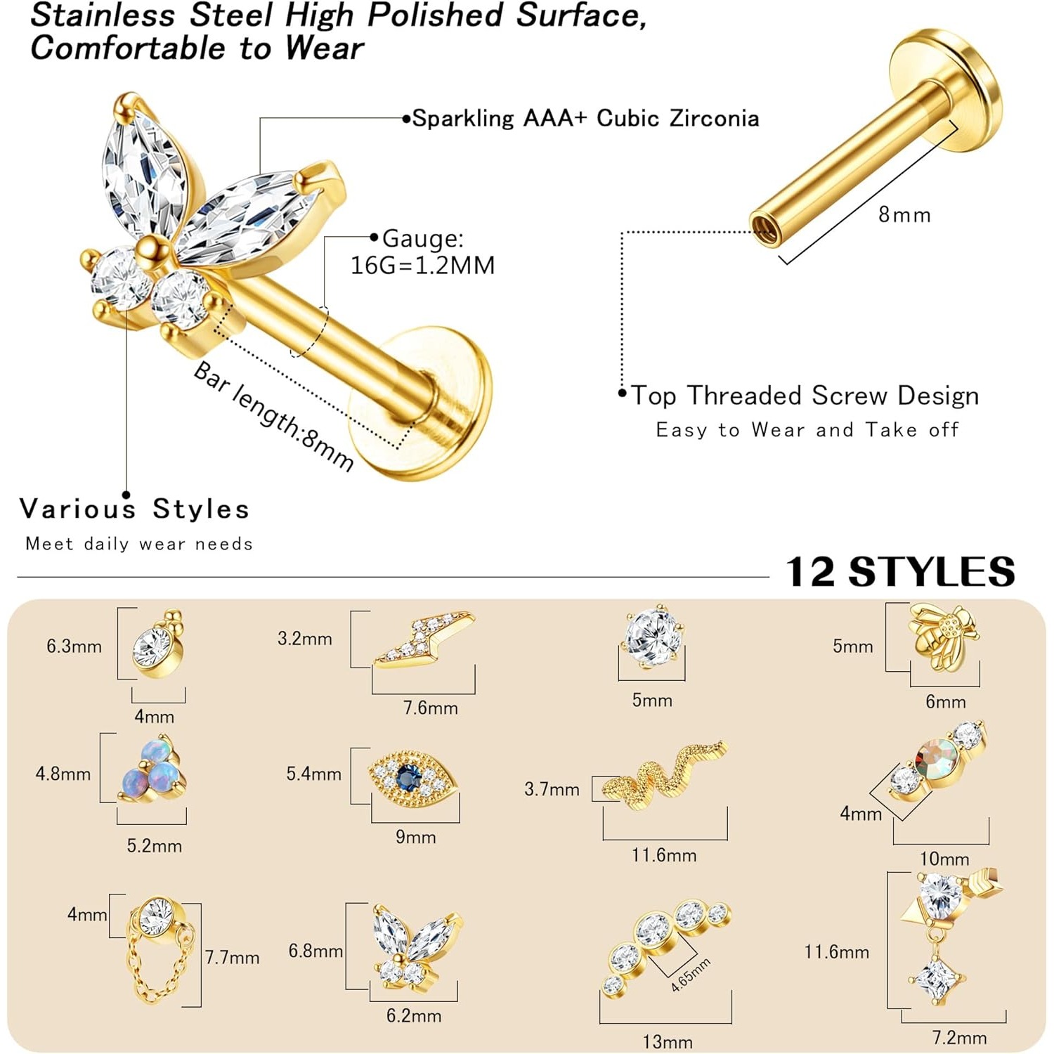 Bobisty 1 шт. серьги-гвоздики  – обзор и цена Body Jewelry Surgical Steel